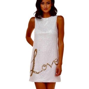 BHLDN White Sequin Shift Dress with Gold 'Love' Script